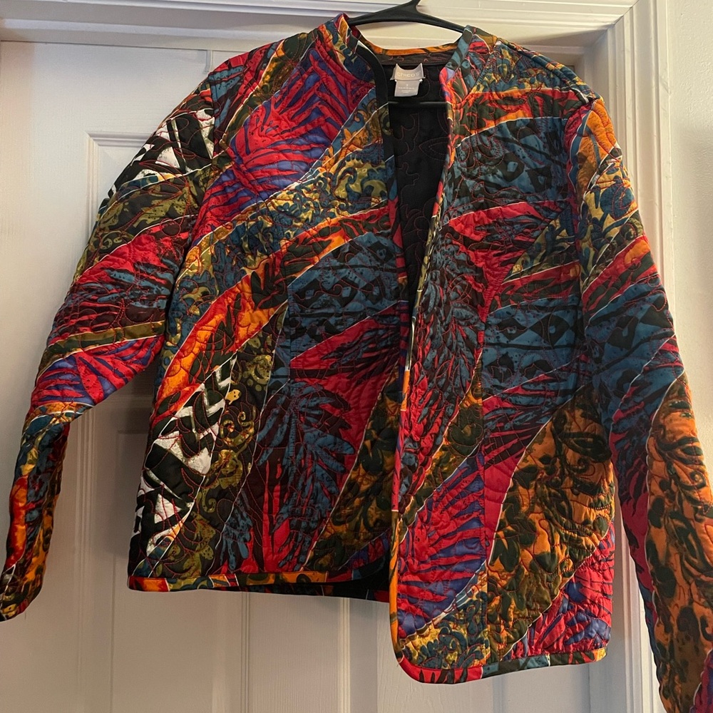 Chico's Red and Black Reversible Jacket with Artistic Flair